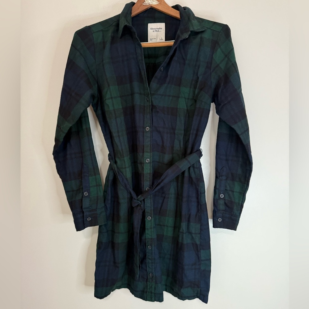Abercrombie & Fitch Dark navy & green Plaid Shirt Dress with belt in size small